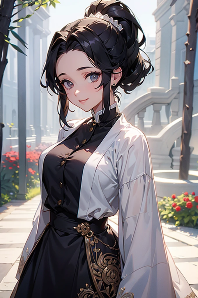 (((beautiful))), (((dress, PRİNCESS))), ((Black Hair, ponytail)), One Woman, Large Breasts,, Cleavage, Glowing Skin, (((Intricate details))), High resolution, ((Intricate details, Ultra-detailed)), whole body, Are standing, (looking at viewer, look at viewer), Red cheeks, smile, garden, Walking the Streets