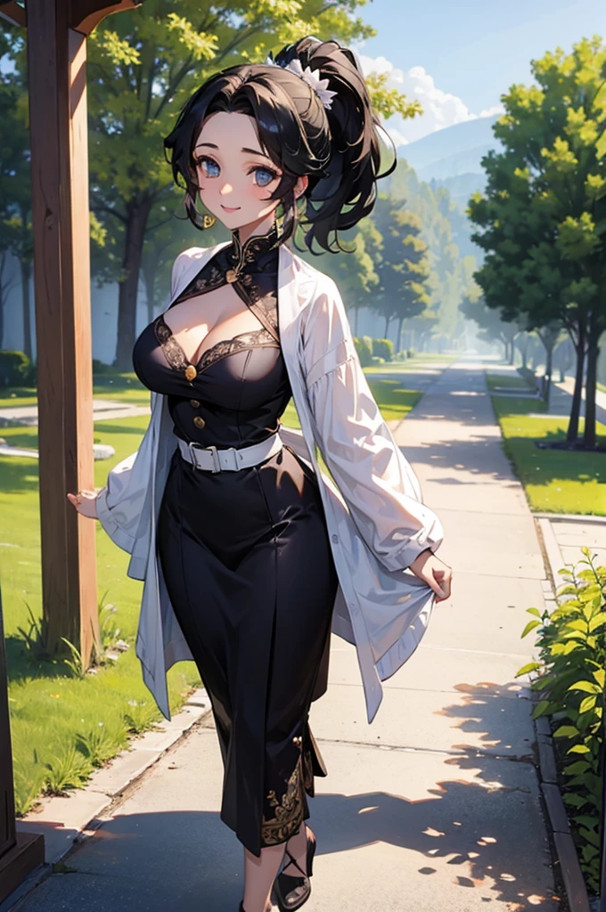 (((beautiful))), (((dress, PRİNCESS))), ((Black Hair, ponytail)), One Woman, Large Breasts,, Cleavage, Glowing Skin, (((Intricate details))), High resolution, ((Intricate details, Ultra-detailed)), whole body, Are standing, (looking at viewer, look at viewer), Red cheeks, smile, garden, Walking the Streets