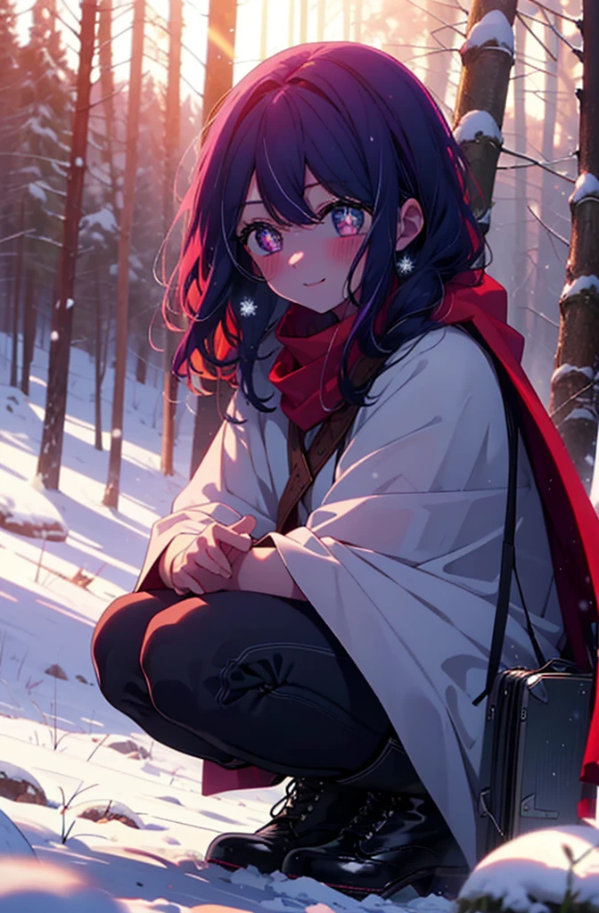 aihoshino, Ai Hoshino, Long Hair, bangs, (Purple eyes:1.1), Purple Hair, (Symbol-shaped pupil:1.5), smile,,smile,blush,white breath,
Open your mouth,snow,Ground bonfire, Outdoor, boots, snowing, From the side, wood, suitcase, Cape, Blurred, , forest, White handbag, nature,  Squat, Mouth closed, Cape, winter, Written boundary depth, Black shoes, red Cape break looking at viewer, Upper Body, whole body, break Outdoor, forest, nature, break (masterpiece:1.2), Highest quality, High resolution, unity 8k wallpaper, (shape:0.8), (Beautiful and beautiful eyes:1.6), Highly detailed face, Perfect lighting, Extremely detailed CG, (Perfect hands, Perfect Anatomy),