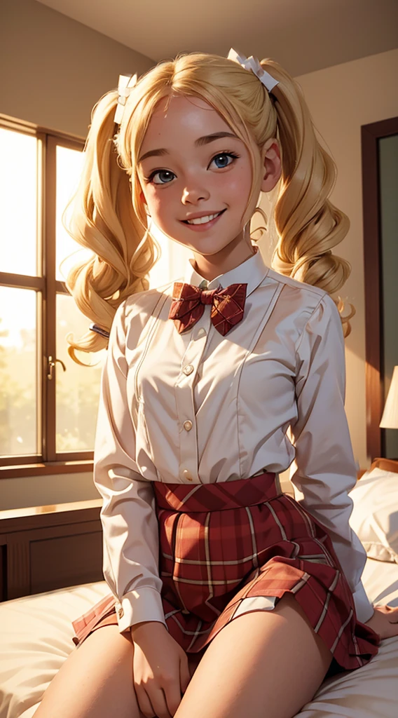 (masterpiece, best quality),1girl smiling with Blonde curly hair twin tails sitting in a bed of her bedroom in front of her bedroom, blurry foreground, plaid short skirt, a white blouse with a loose bow tie, 12 yo, very small breasts, very young, flat chest