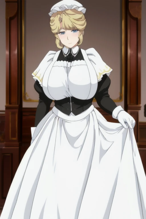 Maria_VM, huge_breasts, standing, solo, VIctorian_Maid_Uniform, masterpiece, best quality, detailed face, detailed eyes, highres, white gloves, long skirt
