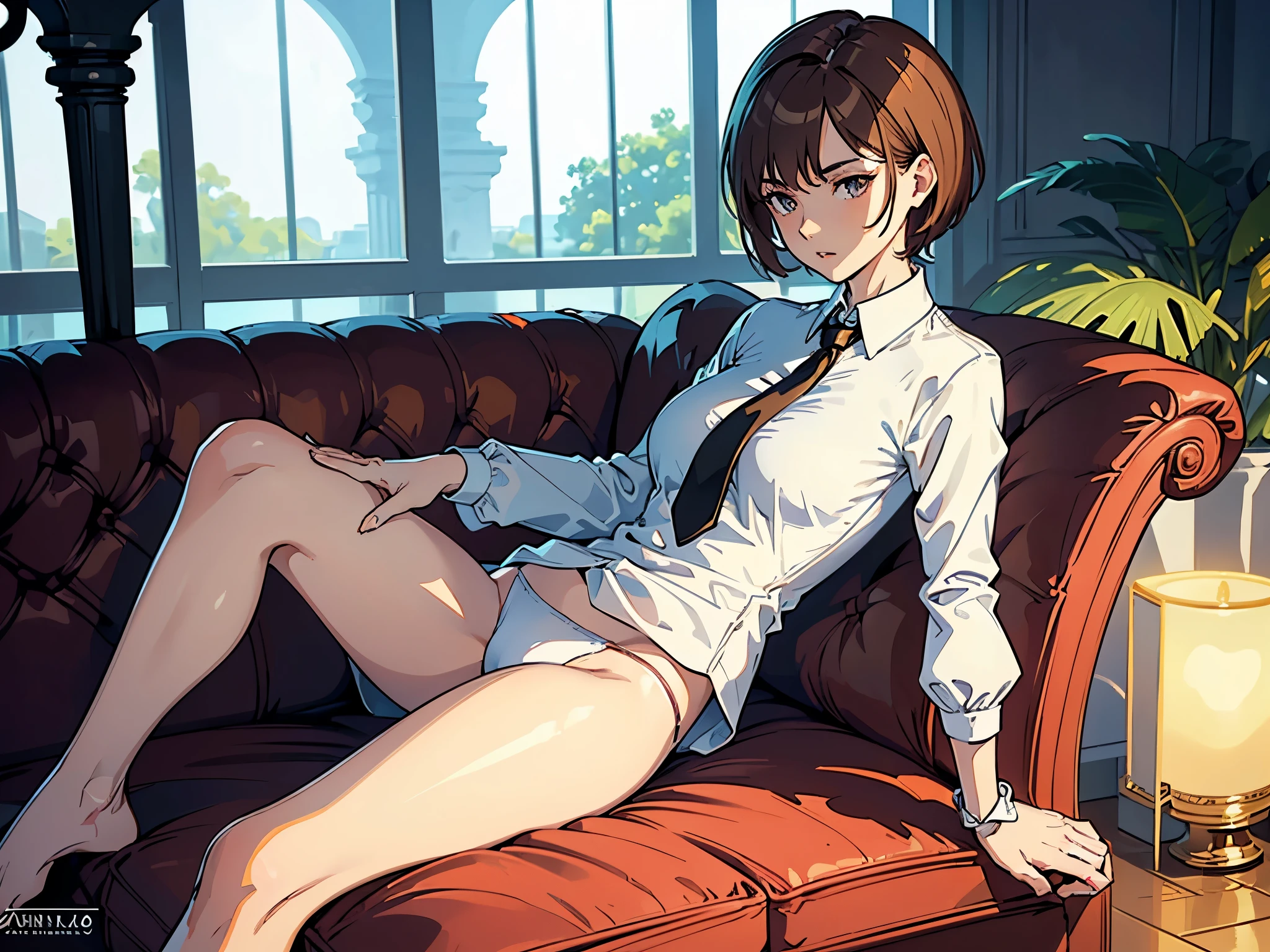 masterpiece,(Perfect Anatomy:1.5), highest quality, (a lady:1.5), slender, leggy, Seductive, short hair, brown hair, (wear a white long sleeved shirt:1.5), white bikini panties , Perfect hands, Perfect body, reclining, lying on a sofa, throw her legs over the sofa, leg up , shirt lift, (barefoot), looking away, ((Exquisite detail)), Very finely crafted fingers(((10 fingers))), (((two legs))), (full body showcase), (Show your whole body), (no background), (No logo) , high resolution, see her private part , telephoto lens, parted lips, tie