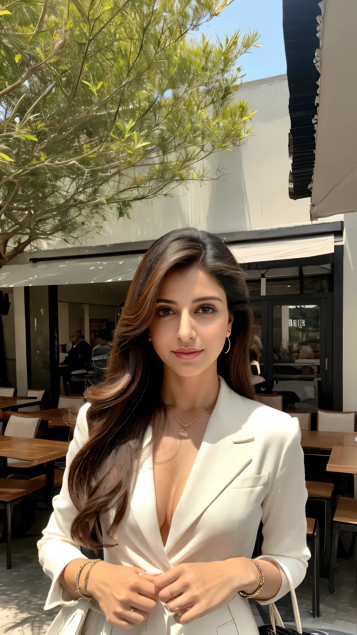 1 mulher adulta, beautiful Bollywood supermodel, big chest, cabelo comprido, cabelo cacheado, cabelo cor preto, pele suave, olhos castanhos, sorrir, vegetation, Occasional, Businesswoman style clothes, blaser marrom claro, realista, com fundo em um restaurante chique, 8k super realista, super detalhado e realista, superb lighting, shining skin, white complexion, beautiful gorgeous face, beautiful body, beautiful eyes nose lips