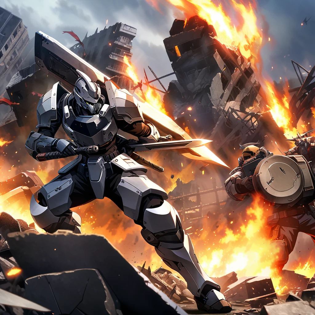 game cg, 8K, armored core style, fighiting on ruins, fire, shield, sword,