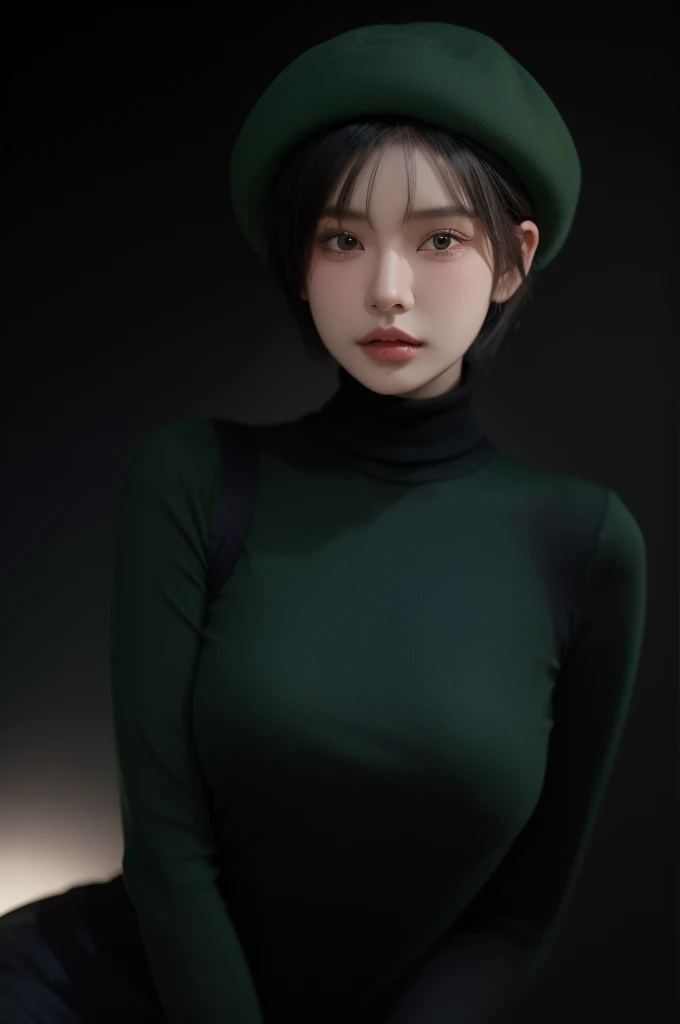 HDR, UHD,8K, nokiapretty,Turtleneck, (((black background 8k))), short hair, greenhair, in cap