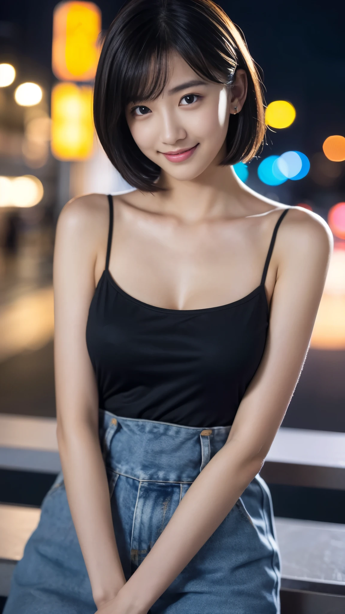 最high quality, table top, High resolution,24 years old wearing colorful camisole, 1 girl,very beautiful face,（Ultra-high definition image of an extremely beautiful face）（black camisole）hair ornaments,, gem diamond,realistic, New York night view、blur the background、,full body image,(high definition skin:1.2),Looking at camera with a smile,full body image 8K UHD, Digital single-lens reflex camera, in the soft and bright sunlight,high quality, volume lighting, Frank, photograph, High resolution,full body image,4K、Japanese college student、A sloppy smile、stand up straight、((((upper body photo)))),one person,short hair style、camisole