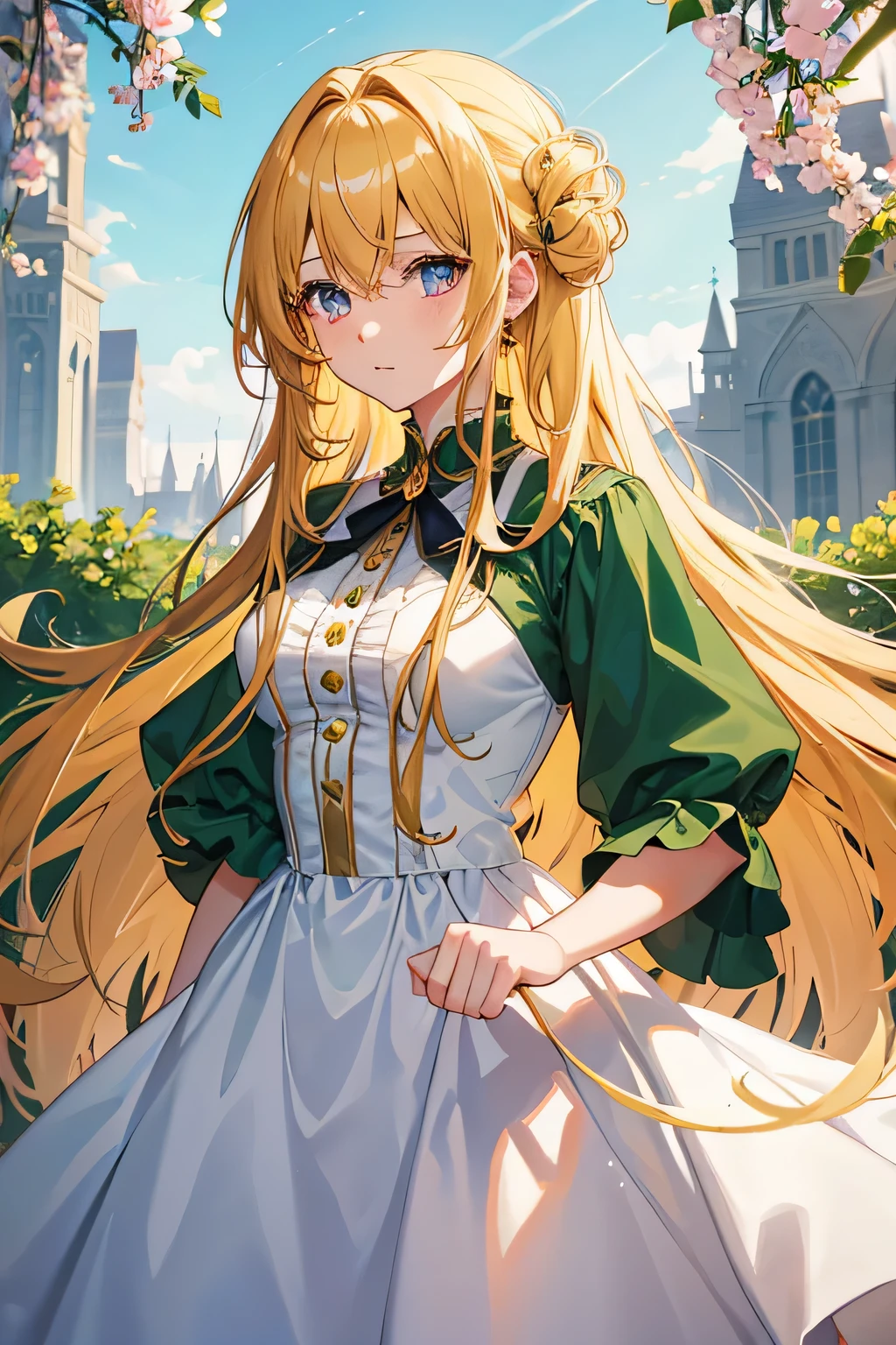 One girl and one girl, anime, the best high quality, high resolution, the quality. The girl’s hair is a beautiful golden color and the color of her eyes is emerald. She is wearing a long white dress. The girl is charming. His hair is long black and his eyes are red. The background keeps the girl’s hair away from her face.