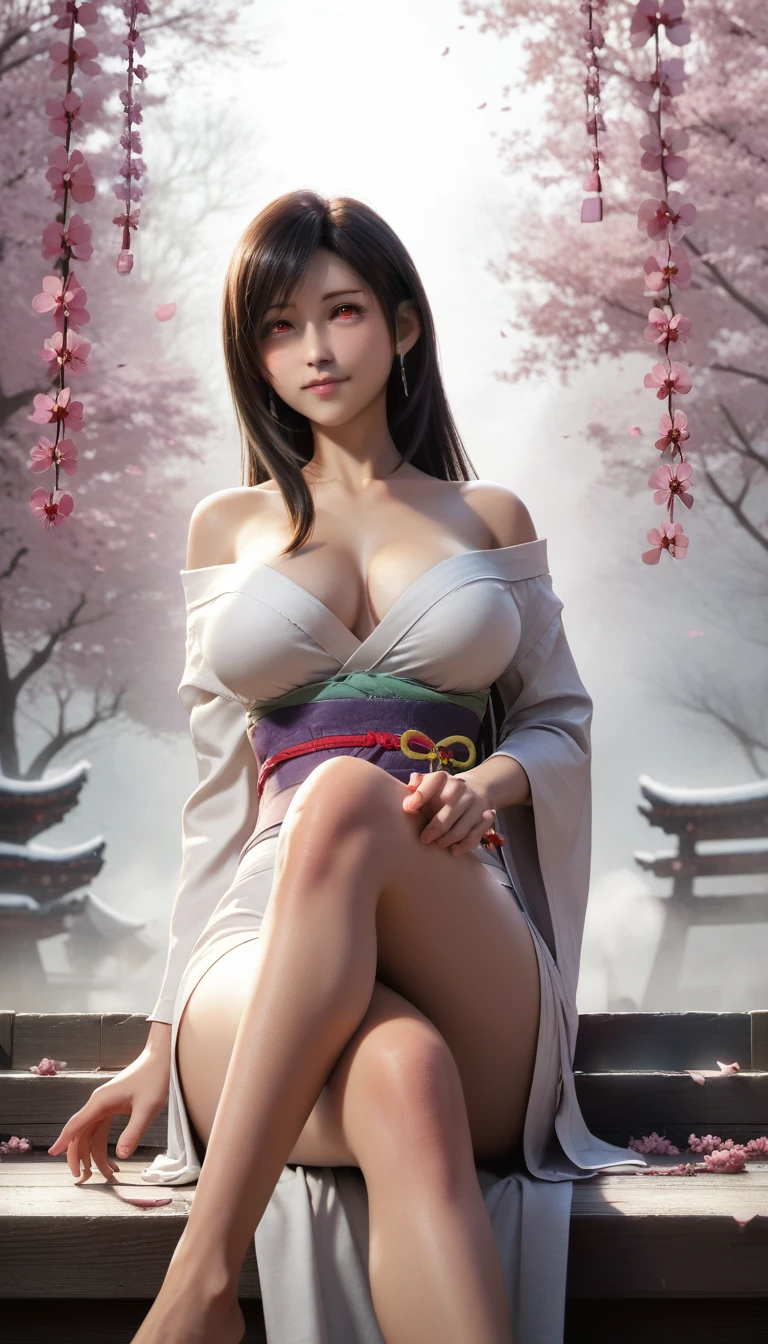 (masterpiece, best quality, 4k, detailed, intricate),atmospheric lighting, beautiful face, (detailed face) score_9, score_8_up, score_7_up, score_6_up, uncensored, tifa lockhart black hair, sidelock, white hairband, red eyes, BREAK (masterpiece:1.2), best quality, high resolution, (detailed eyes:1.3), perfect lighting, (perfect hands, perfect anatomy), large breasts, One beautiful woman, (kimono), bare shoulder, obi, crossed leg sitting, facing viewer, tori, blossoms, autumn, fog, hand support,