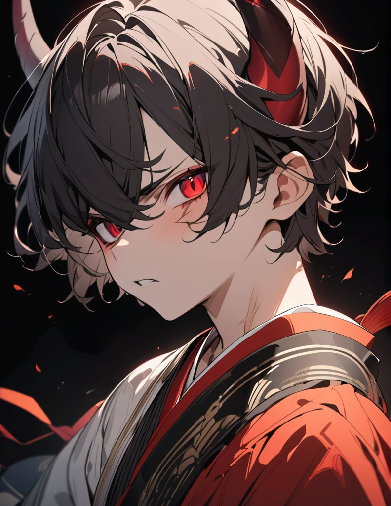 ((BLACK BACKGROUND:1.5)), masterpiece, best quality, ultra detailed, exquisite, beautiful, highres, abyss, ((1 boy)), shota, oni, Angry, looking at viewer, men's short hair, hair covering eyes, black hair, red eyes, japanese clothes, with a scar, with horns, 13-year-old, outside, upper body, ((headshot))