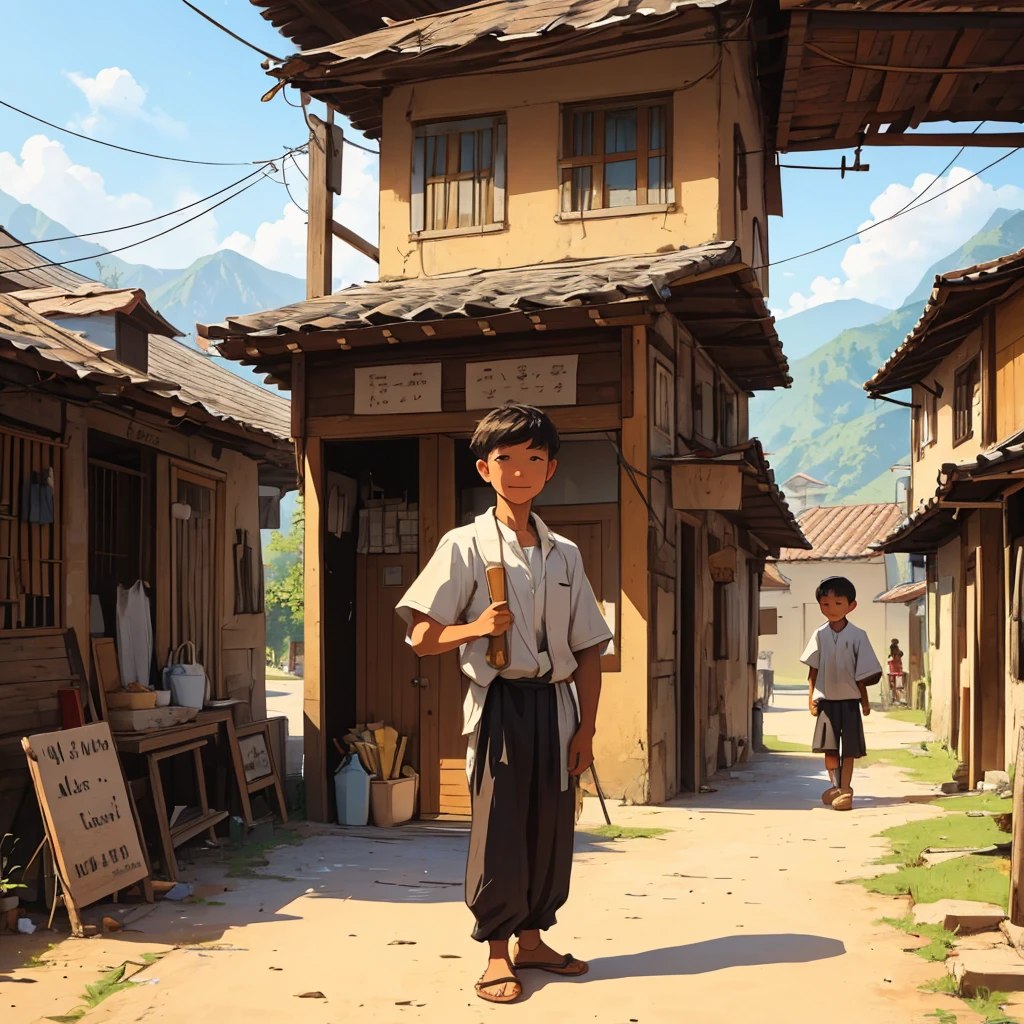Young boy standing in the village square, handing out tools and materials to villagers with a kind, generous smile. His appearance is now that of a successful yet humble man—clean, well-fitted clothes, still practical and down-to-earth. The villagers are grateful, their faces lit with hope and gratitude. The setting is lively, with a backdrop of the village and young boys workshop visible in the distance. The mood is one of community and generosity