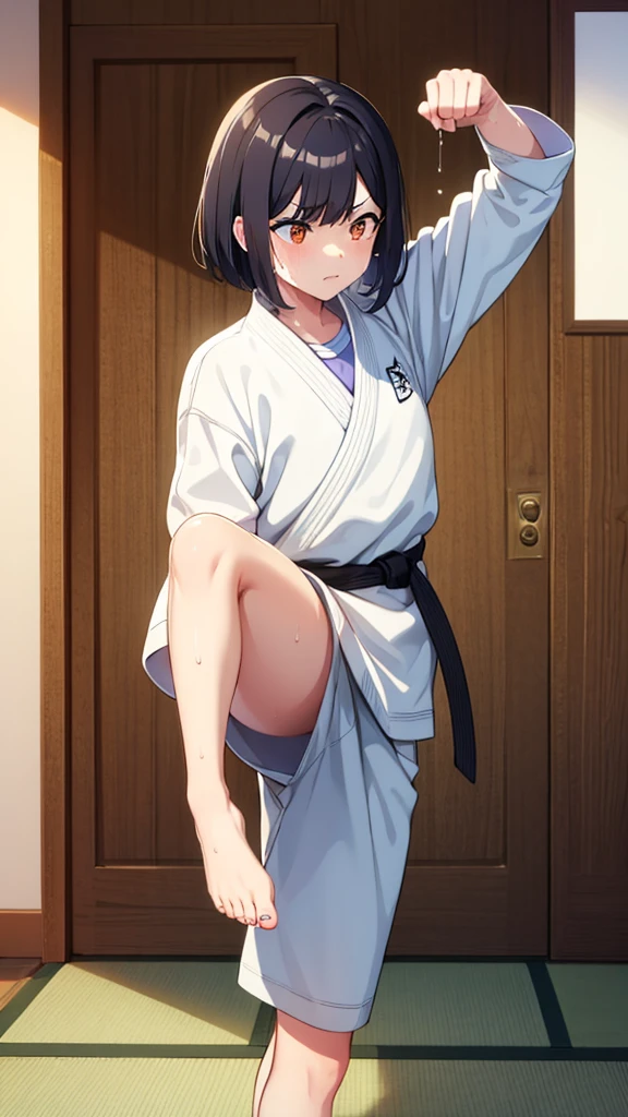 ((masterpiece, Highest quality, Very detailed, Very nice 8K CG wallpaper)), , A little thick, Medium Hair, Dark hair with a slight navy blue tint, short hair, dark orange eyes,judo player、長袖judo着、Large bust、ロングjudoパンツ、judo、Serious expression、Inside the judo Gymnasium、、On the tatami、discovery、One Girl、Combat Stance、A tough fight、Shiraishi Apricot、Bust Size D Cup、Clenched hands(punch:1.3)、Spread your legs、Sweating、Smells like a violent fight with a boy.、男の子と女の子の匂いjudo着に匂い混ざってついている、Her hand smelled like it had been held by a boy..、The smell of a boy touching me、My wrists are shining with sweat、My hands are shining with sweat、My feet are shining with sweat、My fingers are shining with sweat、My nails are shining with sweat、His face is shining with sweat、My hair is shining with sweat、Sniffed by a boy、Inconspicuous bruises and swelling from being punched, kicked and thrown by a boy、The skin is a little dirty、I smell a bit like a boy because of my sweat..、When he grabbed me、I shook him off.、Drooping sweat、My skin became shiny with sweat.、Smells like a girl、Cool sweat、A little hot、Shining with sweat、My ears are shining with sweat、Nails turn white