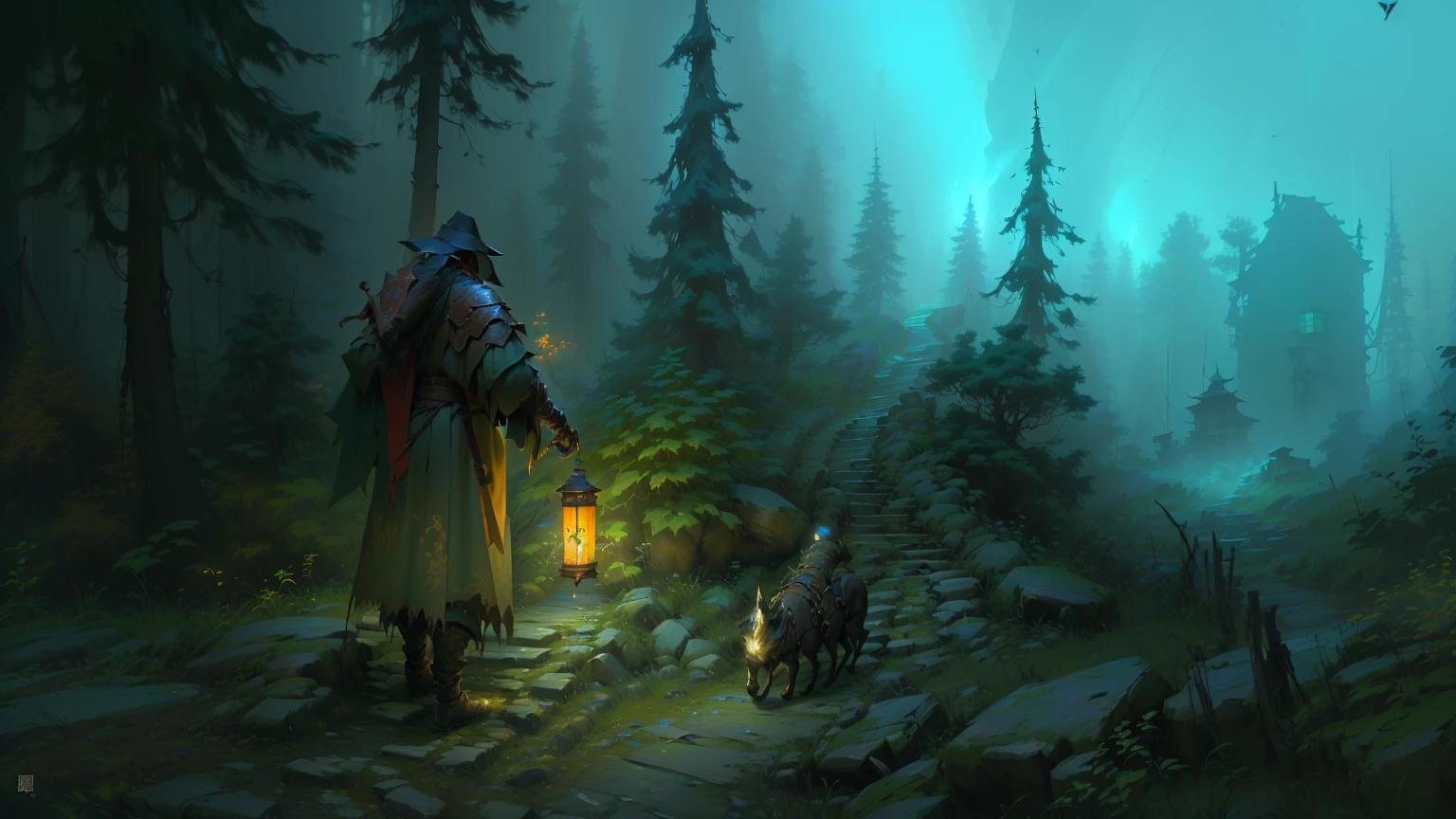 A man walks in the woods with a dog and a lantern, 以游戏Concept Art形式进行绘制, 风格化的Concept Art, DND in the Dark Forest, 诡异怀旧Concept Art, Concept Art, From the Vermintide 2 video game, fantasy concept painting, Background artwork, 游戏Concept Art, Dan Mumford and Albert Bierstadt