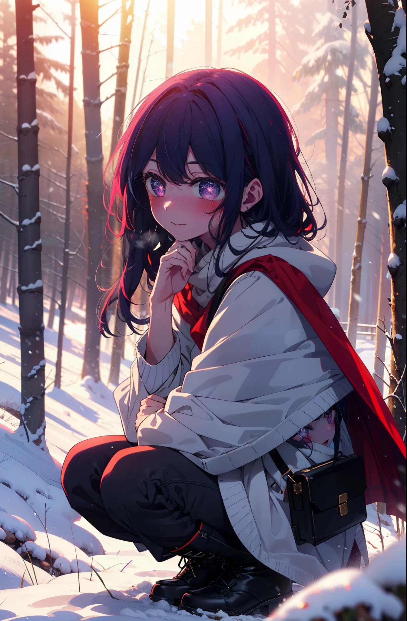aihoshino, Ai Hoshino, Long Hair, bangs, (Purple eyes:1.1), Purple Hair, (Symbol-shaped pupil:1.5), smile,,smile,blush,white breath,
Open your mouth,snow,Ground bonfire, Outdoor, boots, snowing, From the side, wood, suitcase, Cape, Blurred, , forest, White handbag, nature,  Squat, Mouth closed, Cape, winter, Written boundary depth, Black shoes, red Cape break looking at viewer, Upper Body, whole body, break Outdoor, forest, nature, break (masterpiece:1.2), Highest quality, High resolution, unity 8k wallpaper, (shape:0.8), (Beautiful and beautiful eyes:1.6), Highly detailed face, Perfect lighting, Extremely detailed CG, (Perfect hands, Perfect Anatomy),