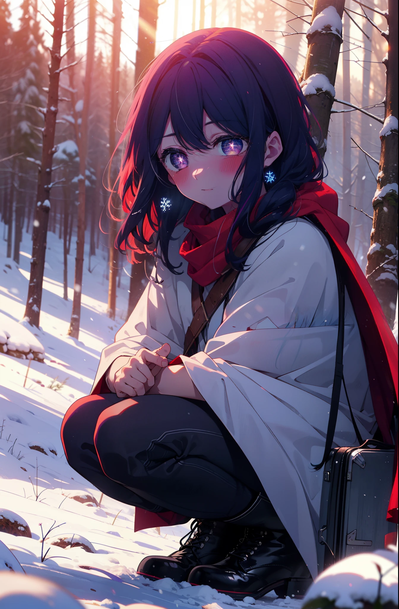 aihoshino, Ai Hoshino, Long Hair, bangs, (Purple eyes:1.1), Purple Hair, (Symbol-shaped pupil:1.5), smile,,smile,blush,white breath,
Open your mouth,snow,Ground bonfire, Outdoor, boots, snowing, From the side, wood, suitcase, Cape, Blurred, , forest, White handbag, nature, Squat, Mouth closed, Cape, winter, Written boundary depth, Black shoes, red Cape break looking at viewer, Upper Body, whole body, break Outdoor, forest, nature, break (masterpiece:1.2), Highest quality, High resolution, unity 8k wallpaper, (shape:0.8), (Beautiful and beautiful eyes:1.6), Highly detailed face, Perfect lighting, Extremely detailed CG, (Perfect hands, Perfect Anatomy),