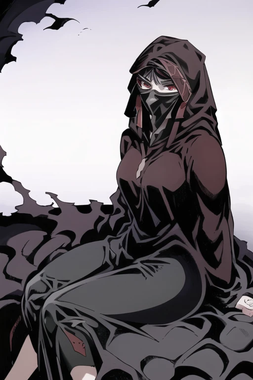 No name assassin, red eyes, cloak, robe, black hair, long skirt, mask, hood, cape, best quality, masterpiece, solo, 1girl, room, sitting 