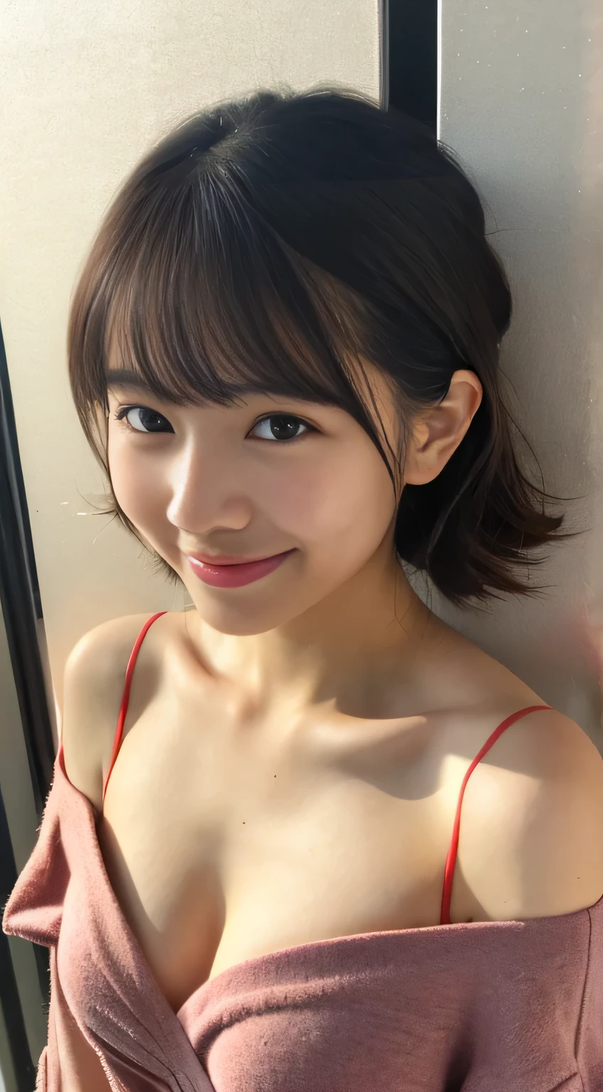 masterpiece,best quality,(Japanese girl),((Beautiful girl)),cleavage,(off shoulder:1.2),(perfect body beauty:1.2),(shy smile),From slightly above,
