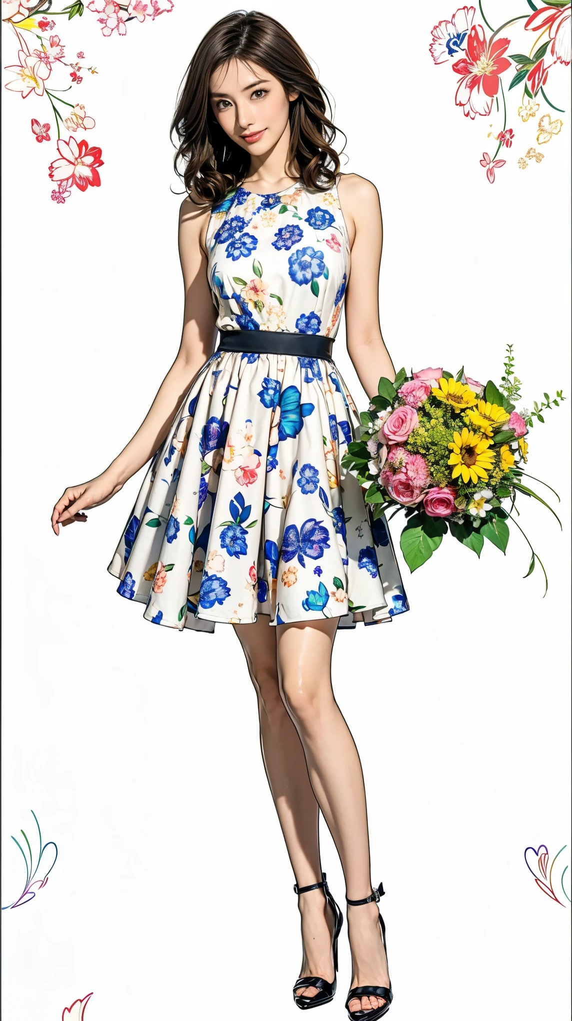 ((masterpiece)),(((Highest quality))),Character design sheet:1.5，Long legs,Slender figure:1.5，whole body:1.5，(One Girl:1.3),(Viewer Display:1.4)，The best smile:1.5，(Pointy high heels:1.3),(Stand with legs apart:1.2),(Wearing a floral and plant print mini dress:1.2), Curly Hair:1.5，High waist:1.5，Holding a bouquet in both hands:1.5，