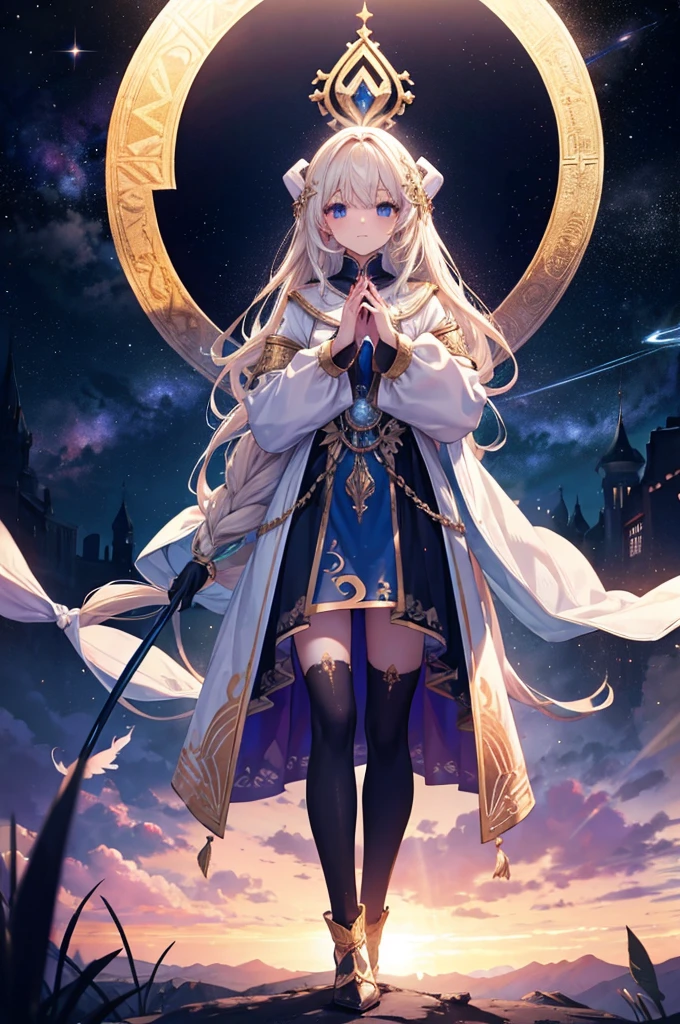 Long sleeves, goddess in the sky, divine light, fantasy, standing, adult, Mysterious, space
