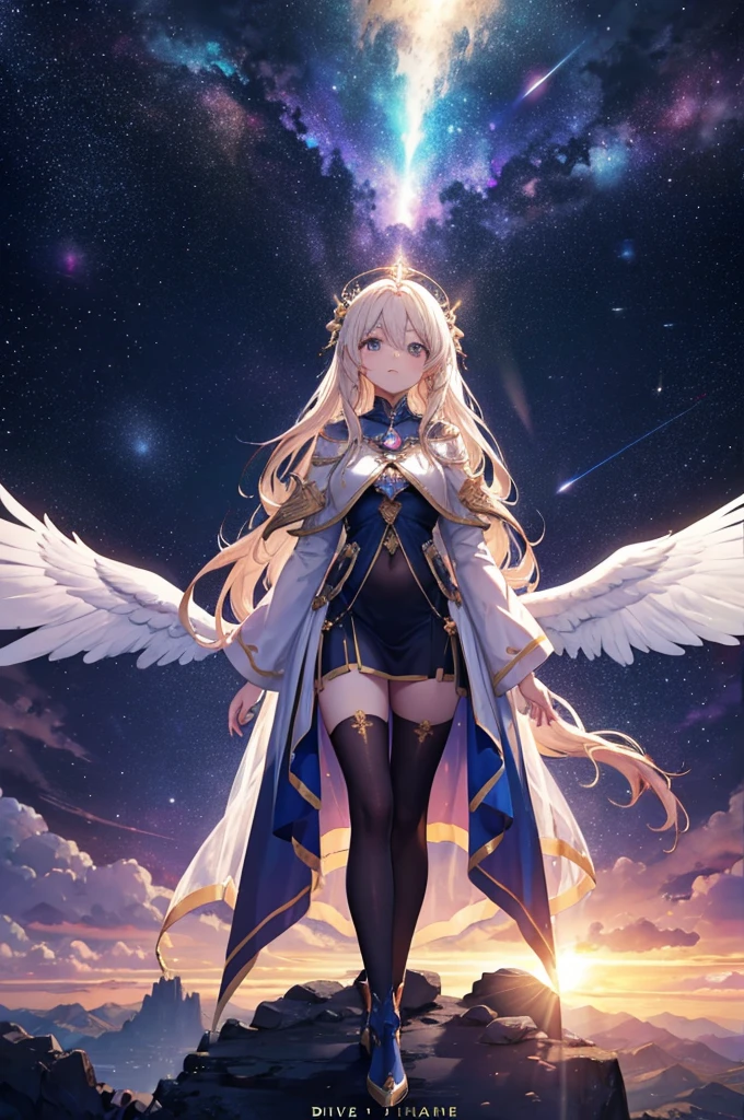 Long sleeves, goddess in the sky, divine light, fantasy, standing, adult, Mysterious, space