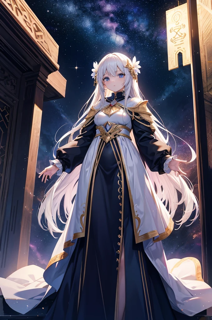 Long sleeves, goddess in the sky, divine light, fantasy, standing, adult, Mysterious, space