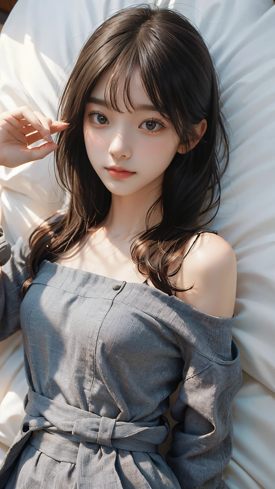 Best quality,Realistic,Masterpiece,detailed,high-resolution,Girl,flat chest,lying on my bed,flat on back,lying on back