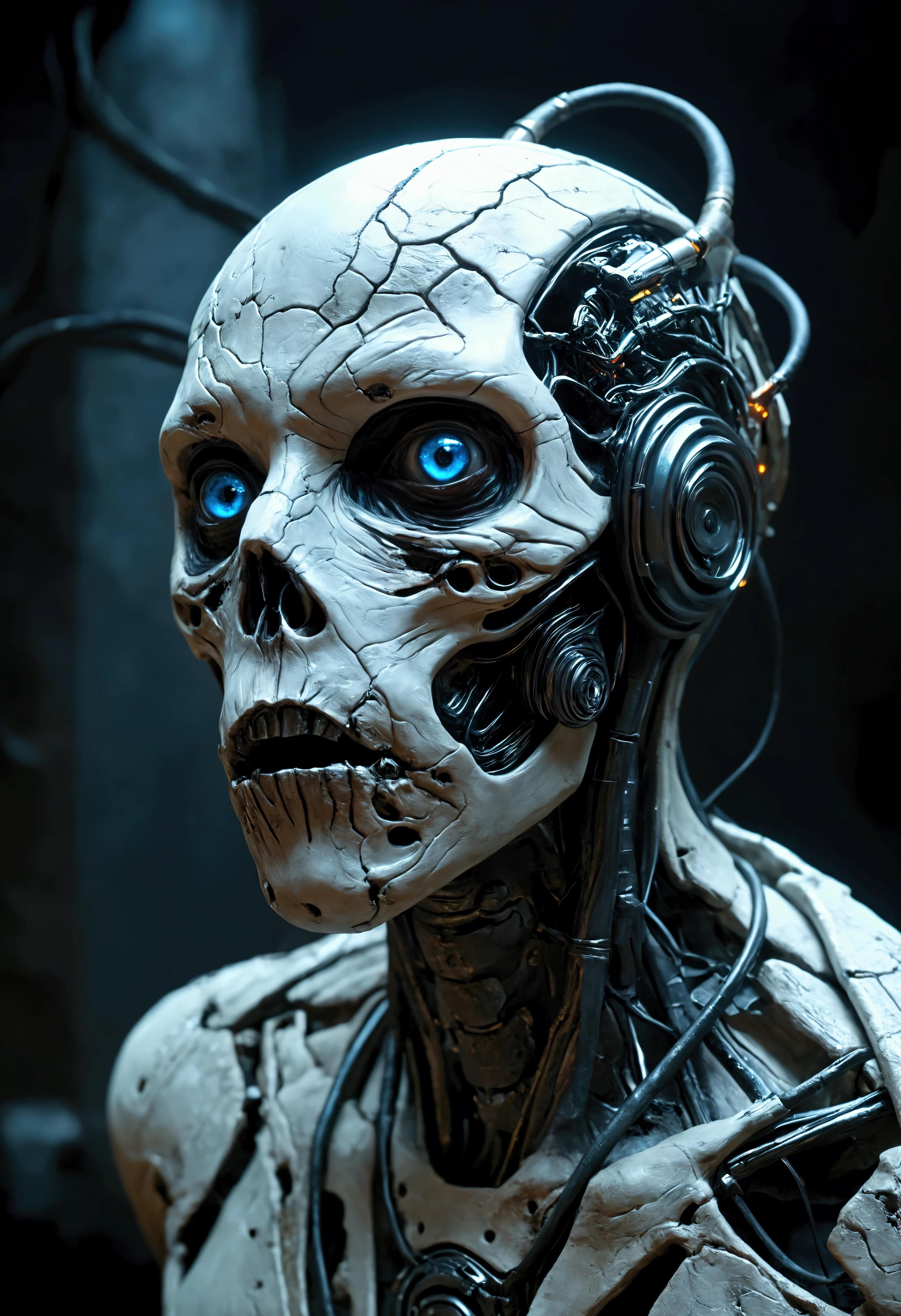 Create a stunning, ultra-high-definition image in 16K resolution that captures the horrifying and dystopian atmosphere of the Mass Effect series with a realistic photo aesthetic. | Visualize human husks, the terrifying fusion of desiccated human remains and advanced Reaper technology. These creatures are characterized by their skeletal appearance, glowing blue eyes, and extensive cybernetic modifications. Their bodies are twisted and emaciated, with mechanical components integrated into their flesh, creating a nightmarish blend of organic and synthetic elements. | The scene is set in a dark, abandoned spaceship or derelict space station, with flickering lights and eerie shadows casting an ominous glow. The environment exudes a sense of horror and desolation. | Capture the human husks in a dynamic and menacing pose, perhaps with one husk reaching out towards the viewer while others lurk in the background. Their expressions should convey a mix of agony and malevolence, with a hint of their lost humanity. The camera angle should emphasize their full bodies, highlighting the details of their cybernetic modifications and their horrifying transformation. | The overall ambiance should integrate dark, muted colors and rich details, creating a sense of depth and immersion in this terrifying setting. Ensure anatomical correctness, with a focus on ultra-detailed textures and high-quality rendering, capturing every nuance of the husks' appearance and their horrific surroundings. This masterpiece should embody the spirit of horror and science fiction, immersing viewers in its lifelike depiction. | Keywords: (human husks:1.3), ((realistic photo)), ((cybernetic modifications):1.2), ((horror science fiction)), ((menacing pose)).