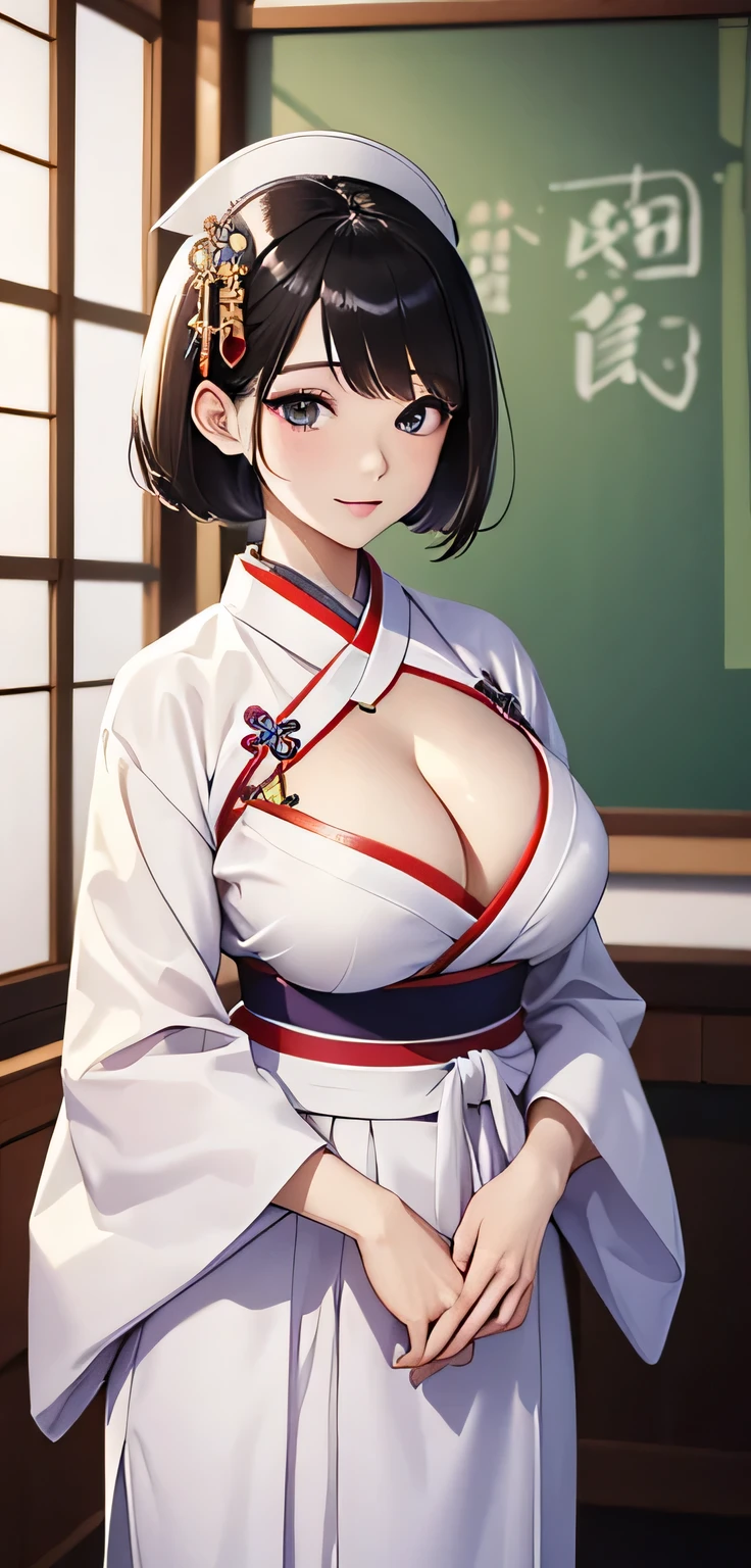beautiful detailed 25 years old female japanese, wearing Traditional Hanbok: A vibrant hanbok with a high-waisted skirt and a jeogori top, adorned with traditional accessories, beautiful face, shiny white skin, short hair, slender, ultra large saggy breasts, massive cleavage exposed, school background