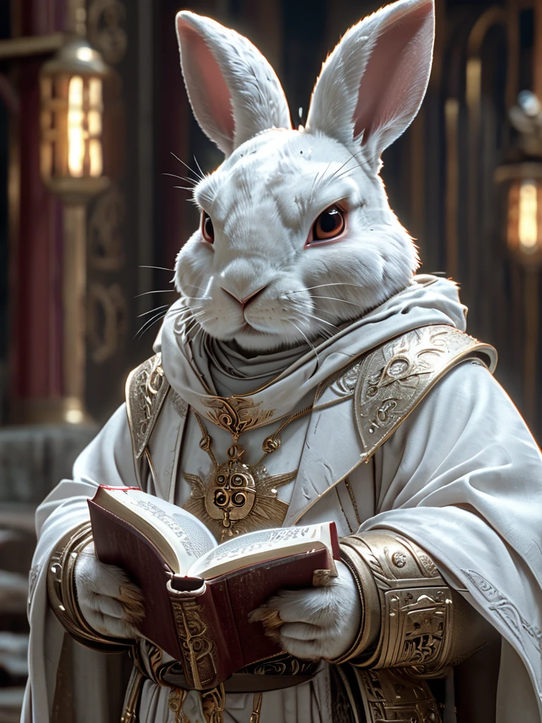 rabbit close-up shot, rabbit priest, full body, holding dictionary, wearing white robe, temple background, high resolution, masterpiece, top quality, super detailed, ultra realistic,
Japanese style, 3D slender, cute close-up, big round reflective eyes, Unreal Engine cinematic smooth, exquisite detail, cinematic