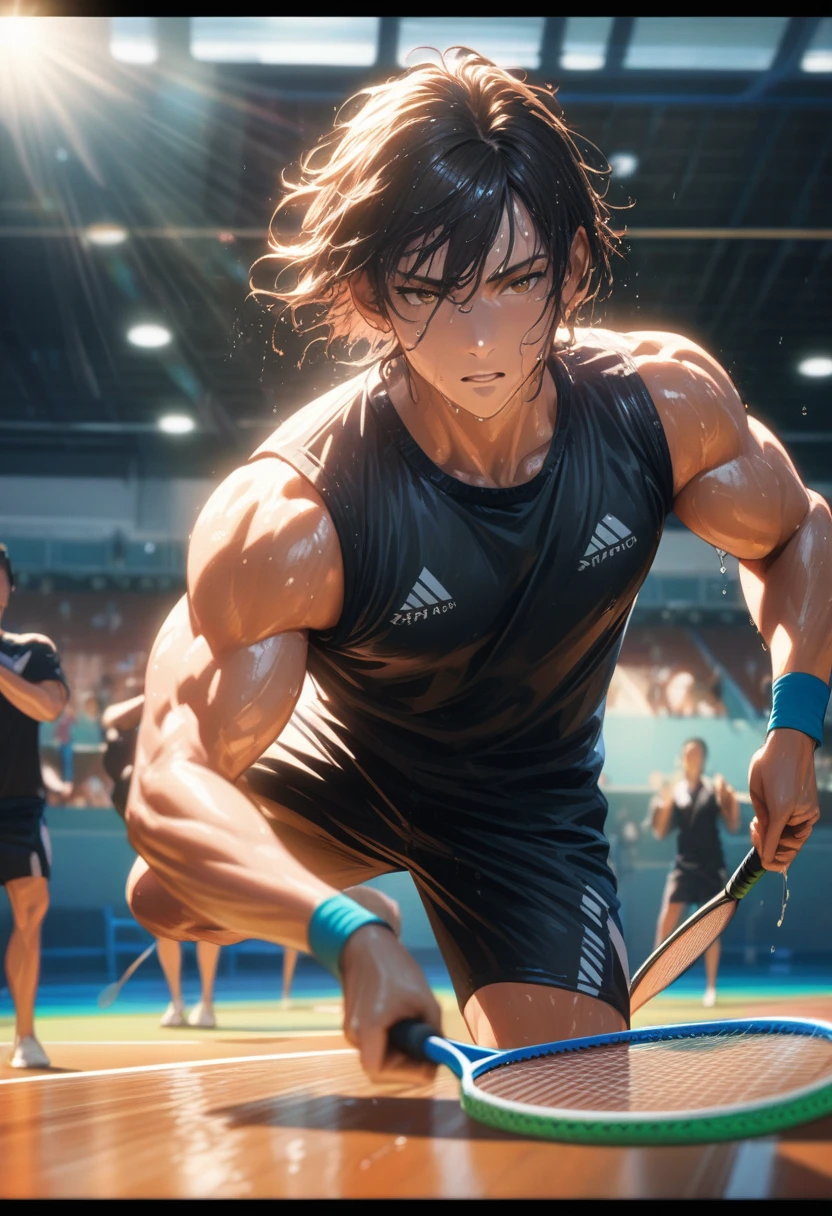 masterpiece, best quality, Super detailed, HD, high dynamic range, actual, depth, fine texture, Ultra-fine, Completely concentrated, (badminton player), Beautiful people, muscular, (Tanned skin, wet hair), Holding a badminton racket, dynamic poses, Playing posture,, badminton court background, Bright sunlight, bright colors, Detailed water reflection, Vibrant atmosphere, tropical environment, lens flare, Cinematic light, Volumetric lighting, Detailed texture,, Motion and motion blur