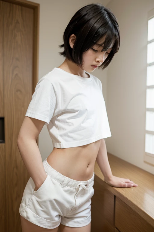 Create an image of a Japanese boy with a thin body, black hair with white highlights, wearing a large small shirt and small shorts.