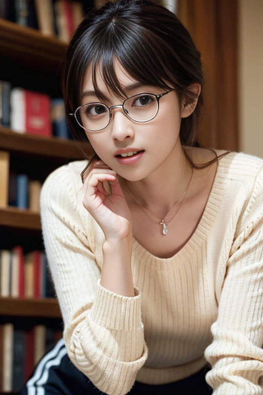 (8k, RAW photo, best quality, masterpiece), (photo realistic), outstanding details, ultra-high resolution, anatomically correct, textured skin, (Extremely precise and accurate anatomy),
Ultra Detailed Face, Detailed Eyes,
A cute Japanese girl,
(fearless smile:0.1), (Mouth slightly open),
(lower chignon), (Rimless glasses),
looking at viewer,
white simple summer sweater,
dark brown hair, Forehead,
simple silky flared skirt, Light brown skirt, Midi length skirt,
Earrings, Necklace,
(background library interior, bookshelves),
(backlighting),
reflection light from below,
atmospheric perspective, depth of field,
(dramatic lighting), cinematic lighting,