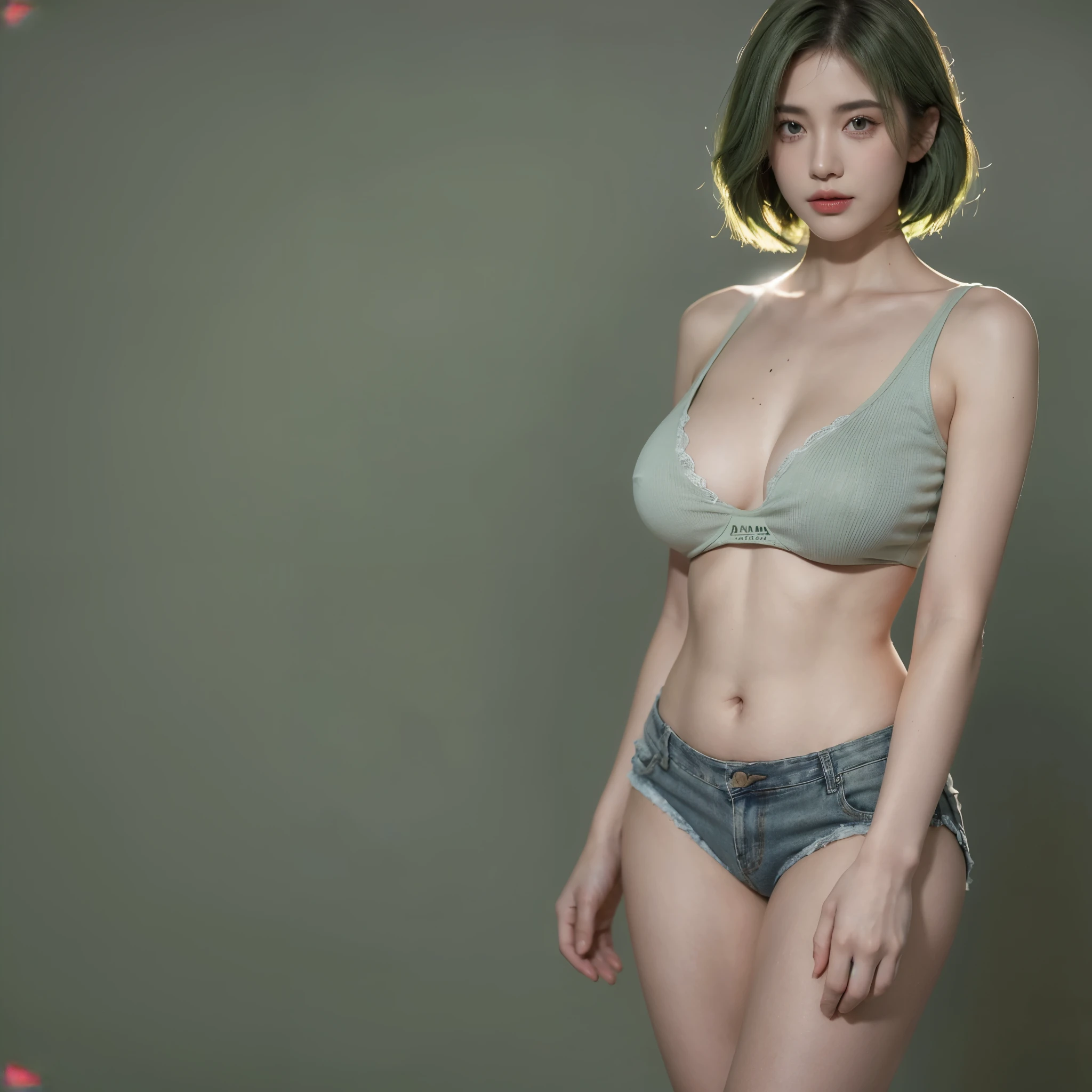 Highest quality, (photoRealistic:1.4), professional photograph, intricate composition, an extremely delicate and beautiful, 8k, ultra high res, cinematic lighting and shading, green hair, (bob hair), Wearing gray t-shirts, denim short pants, natural big breast, show big thigh, plump body, standing pose, gray background, nude