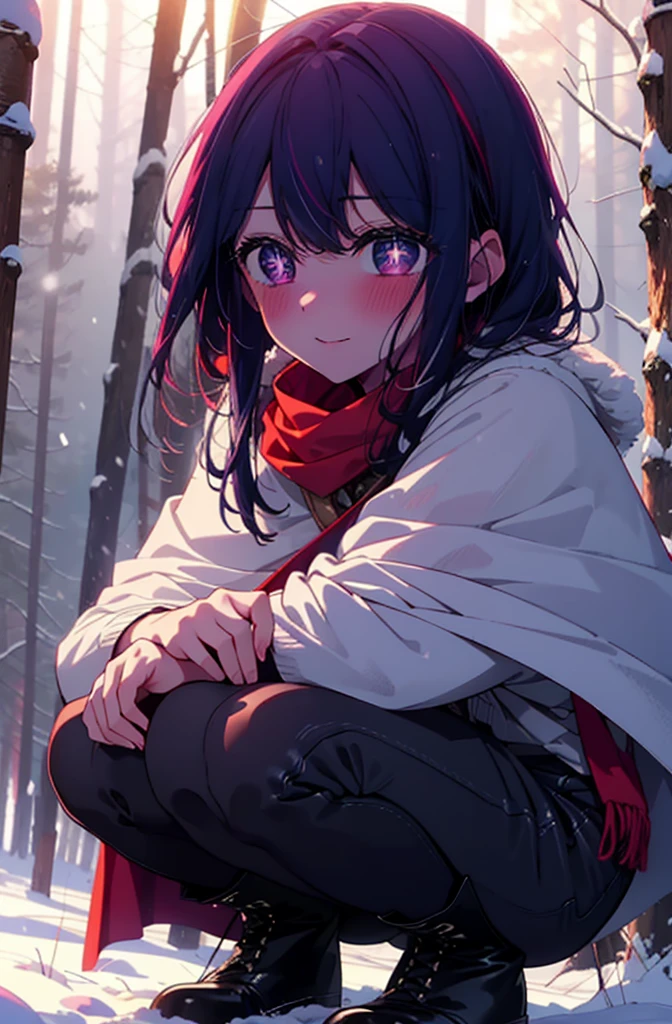aihoshino, Ai Hoshino, Long Hair, bangs, (Purple eyes:1.1), Purple Hair, (Symbol-shaped pupil:1.5), smile,,smile,blush,white breath,
Open your mouth,snow,Ground bonfire, Outdoor, boots, snowing, From the side, wood, suitcase, Cape, Blurred, , forest, White handbag, nature,  Squat, Mouth closed, Cape, winter, Written boundary depth, Black shoes, red Cape break looking at viewer, Upper Body, whole body, break Outdoor, forest, nature, break (masterpiece:1.2), Highest quality, High resolution, unity 8k wallpaper, (shape:0.8), (Beautiful and beautiful eyes:1.6), Highly detailed face, Perfect lighting, Extremely detailed CG, (Perfect hands, Perfect Anatomy),