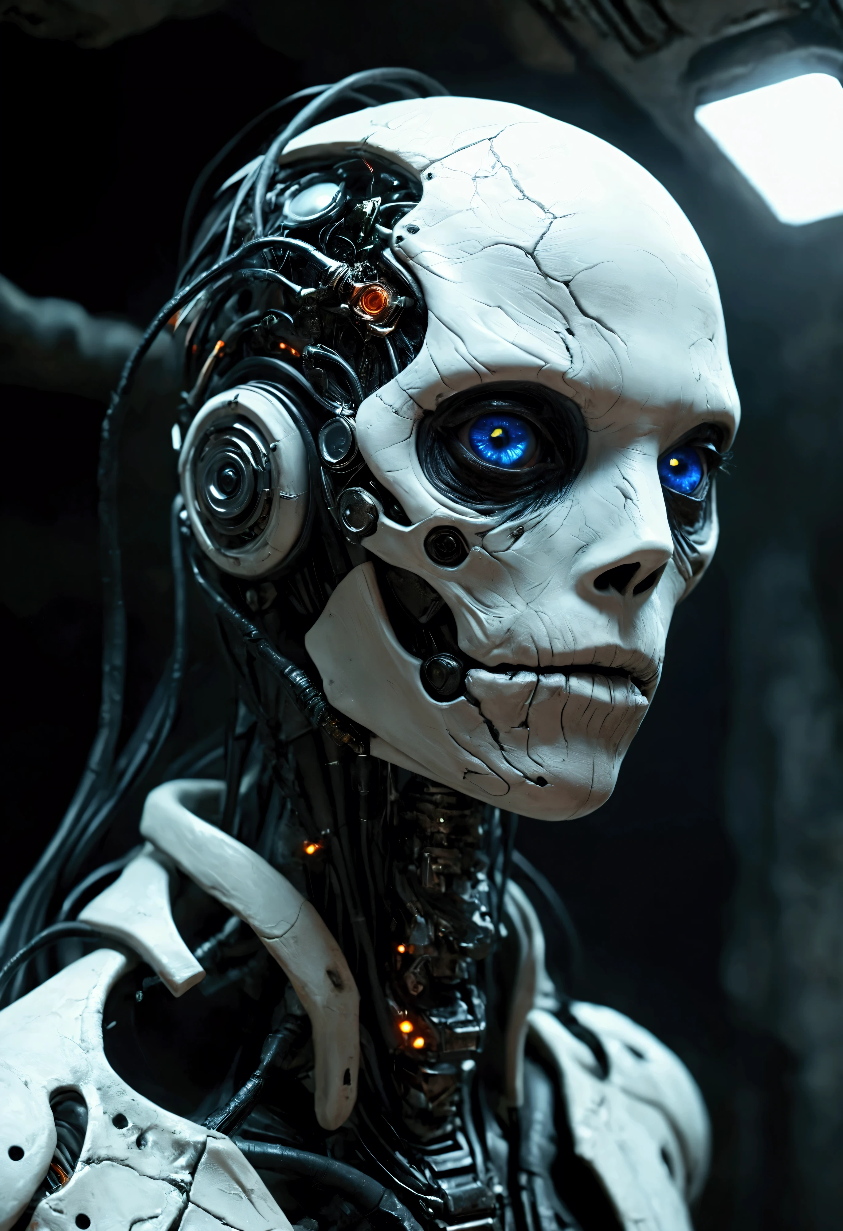 Create a stunning, ultra-high-definition image in 16K resolution that captures the horrifying and dystopian atmosphere of the Mass Effect series with a realistic photo aesthetic. | Visualize human husks, the terrifying fusion of desiccated human remains and advanced Reaper technology. These creatures are characterized by their skeletal appearance, glowing blue eyes, and extensive cybernetic modifications. Their bodies are twisted and emaciated, with mechanical components integrated into their flesh, creating a nightmarish blend of organic and synthetic elements. | The scene is set in a dark, abandoned spaceship or derelict space station, with flickering lights and eerie shadows casting an ominous glow. The environment exudes a sense of horror and desolation. | Capture the human husks in a dynamic and menacing pose, perhaps with one husk reaching out towards the viewer while others lurk in the background. Their expressions should convey a mix of agony and malevolence, with a hint of their lost humanity. The camera angle should emphasize their full bodies, highlighting the details of their cybernetic modifications and their horrifying transformation. | The overall ambiance should integrate dark, muted colors and rich details, creating a sense of depth and immersion in this terrifying setting. Ensure anatomical correctness, with a focus on ultra-detailed textures and high-quality rendering, capturing every nuance of the husks' appearance and their horrific surroundings. This masterpiece should embody the spirit of horror and science fiction, immersing viewers in its lifelike depiction. | Keywords: (human husks:1.3), ((realistic photo)), ((cybernetic modifications):1.2), ((horror science fiction)), ((menacing pose)).