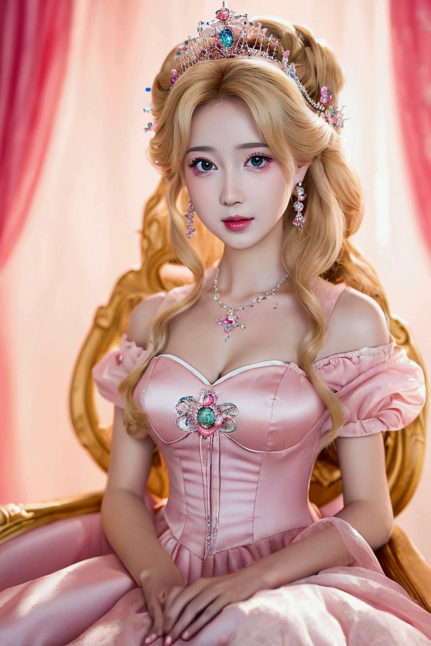 A lady in a pink dress sits on a chair, Princess Portrait, portrait of Princess Peach, Blonde Princess, Princess Peach), portrait of a princess, Anime Princess, Royal elegance, Beautiful female princess, Beautiful fantasy queen, ((Beautiful fantasy queen)), Portrait of a princess, Princess Peach, Cute lazy princess, Pretty Princess, Kawaii realistic portrait