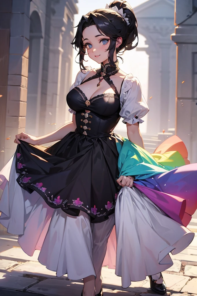 (((beautiful))), (((dress, PRİNCESS))), ((Black Hair, ponytail)), One Woman, Large Breasts,, Cleavage, Glowing Skin, (((Intricate details))), High resolution, ((Intricate details, Ultra-detailed)), whole body, Are standing, (looking at viewer, look at viewer), Red cheeks, smile, garden, Walking the Streets