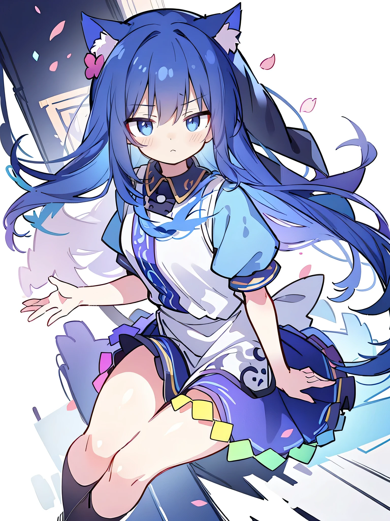 (masterpiece:1.2),Extremely detailed,Practical,expressive eyes,Fair skin,Perfect face shaping,1 Girl,
Japanese cartoons,Gorgeous blue hair, the long flowing blue hair,Floating clothes,Cat ears,Petals fall,beautiful lola,Young Angel,
Place your hands on your waist,sit elegantly on the ground,Cross your legs,Gentle and peaceful background,church,nun,Place your hand on your lips,Shy face。