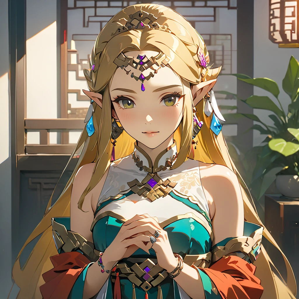 ((Highest quality)), ((masterpiece)), (detailed), (Perfect Face)、The woman is Princess Zelda, an ordinary Chinese woman with medium-long blonde hair and an engagement ring.、The woman is dressed in typical Chinese clothing.