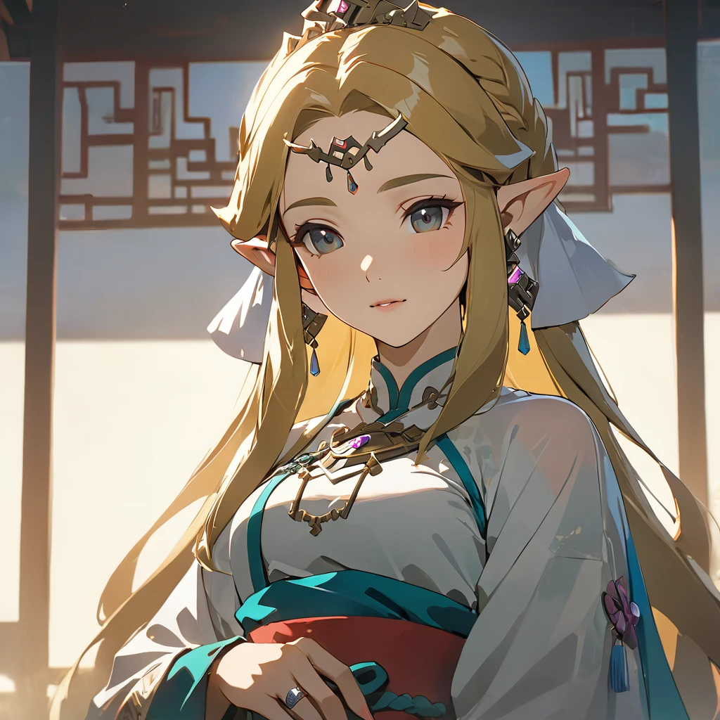 ((Highest quality)), ((masterpiece)), (detailed), （Perfect Face）、The woman is Princess Zelda, an ordinary Chinese woman with medium-long blonde hair and an engagement ring.、The woman is dressed in typical Chinese clothing.