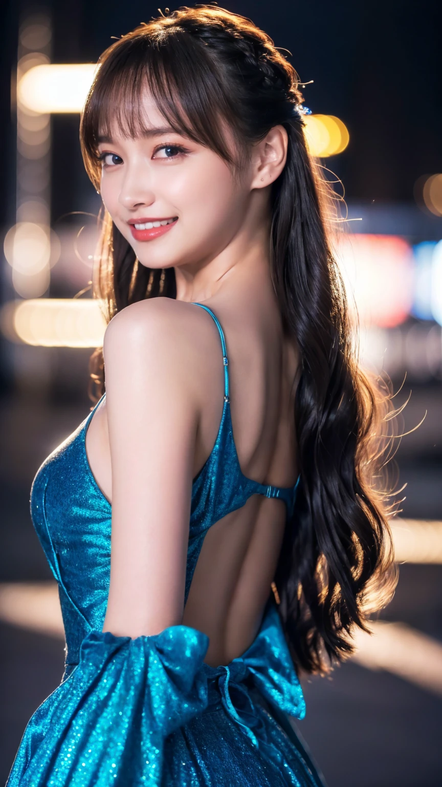 1girl,(wearing a blue glittery evening dress:1.2),(RAW photo, best quality), (realistic, photo-realistic:1.4), masterpiece, an extremely delicate and beautiful, extremely detailed, 2k wallpaper, Amazing, finely detail, extremely detailed CG unity 8k wallpaper, ultra-detailed, highres, soft light, beautiful detailed girl, extremely detailed eyes and face, beautiful detailed nose, beautiful detailed eyes,cinematic lighting,city lights at night,perfect anatomy,slender body,light smile,close up,(long hair with bangs), tight breast