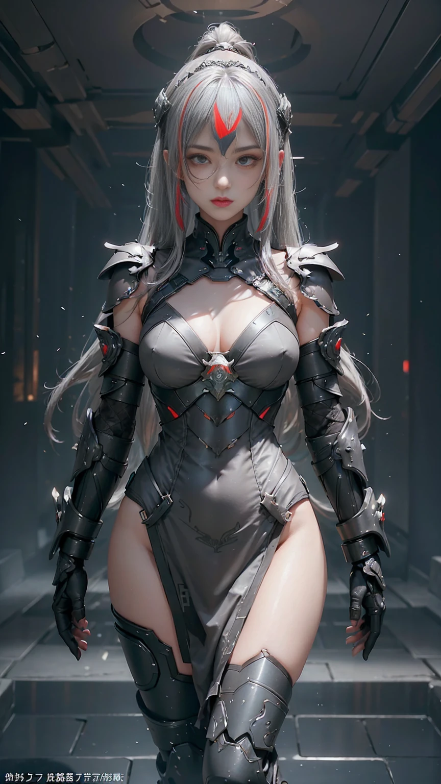masterpiece,Game Art,Best picture quality,Maximum resolution,8K,(Upper Body),Unreal Engine 5 rendering works,(Digital Photography),((Upper BodyFeature:1.5)), 20 year old girl,Short hair details,Long bangs,(The red eye makeup is carefully applied),(With long gray hair:1.4),(Small breasts),Elegance and nobility,Brave and charming, (Standing dynamic posture),(The future armor combines the characteristics of Chinese armor,hollow-carved design,Power Armor,Mysterious oriental runes,Exquisite clothing patterns,Magic Flash),Future Warrior,Cyberpunk Characters,War Background, light,Ray Tracing,Game CG,((3D Unreal Engine)),OC rendering reflection mode