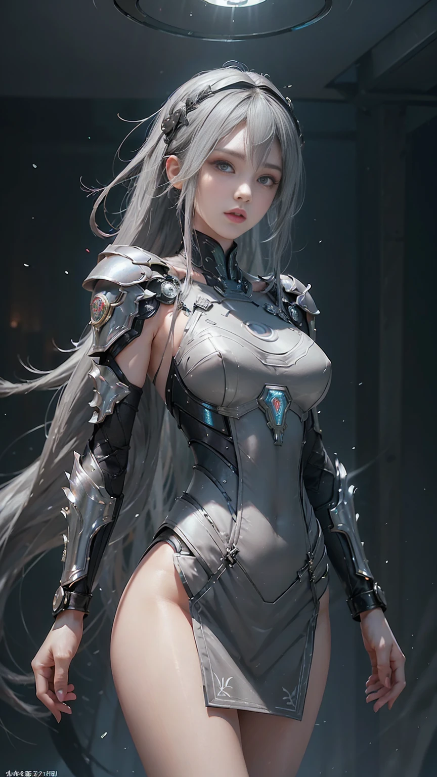 masterpiece,Game Art,Best picture quality,Maximum resolution,8K,(Upper Body),Unreal Engine 5 rendering works,(Digital Photography),((Upper BodyFeature:1.5)), 20 year old girl,Short hair details,Long bangs,(The red eye makeup is carefully applied),(With long gray hair:1.4),(Small breasts),Elegance and nobility,Brave and charming, (Standing dynamic posture),(The future armor combines the characteristics of Chinese armor,hollow-carved design,Power Armor,Mysterious oriental runes,Exquisite clothing patterns,Magic Flash),Future Warrior,Cyberpunk Characters,War Background, light,Ray Tracing,Game CG,((3D Unreal Engine)),OC rendering reflection mode