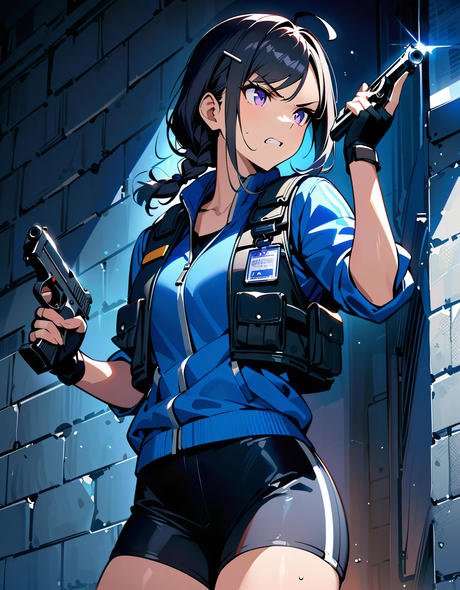 (masterpiece), (best quality), (high res), highly detailed, professional, 1girl, solo, solo focus, undercover police officer, serious, v-shaped eyebrows, blue varsity jacket, blue t-shirt, biker shorts, socks, matching sneakers, fingerless gloves, assault vest, Hairpin, police ID badge hanging on neck, sleeves rolled up, (perfect hands, complete fingers, holding pistol, Beretta 92FS, finger on trigger), leaning at wall, serious and stoic, looking away, brick wall, searchlights, Brooklyn, New York, midnight, Cowboy Shot, Black Hair, Braid, Ahoge, Parted Bangs, Single Braid, Swept Bangs, Purple Eyes, Clenched Teeth, intense atmosphere.