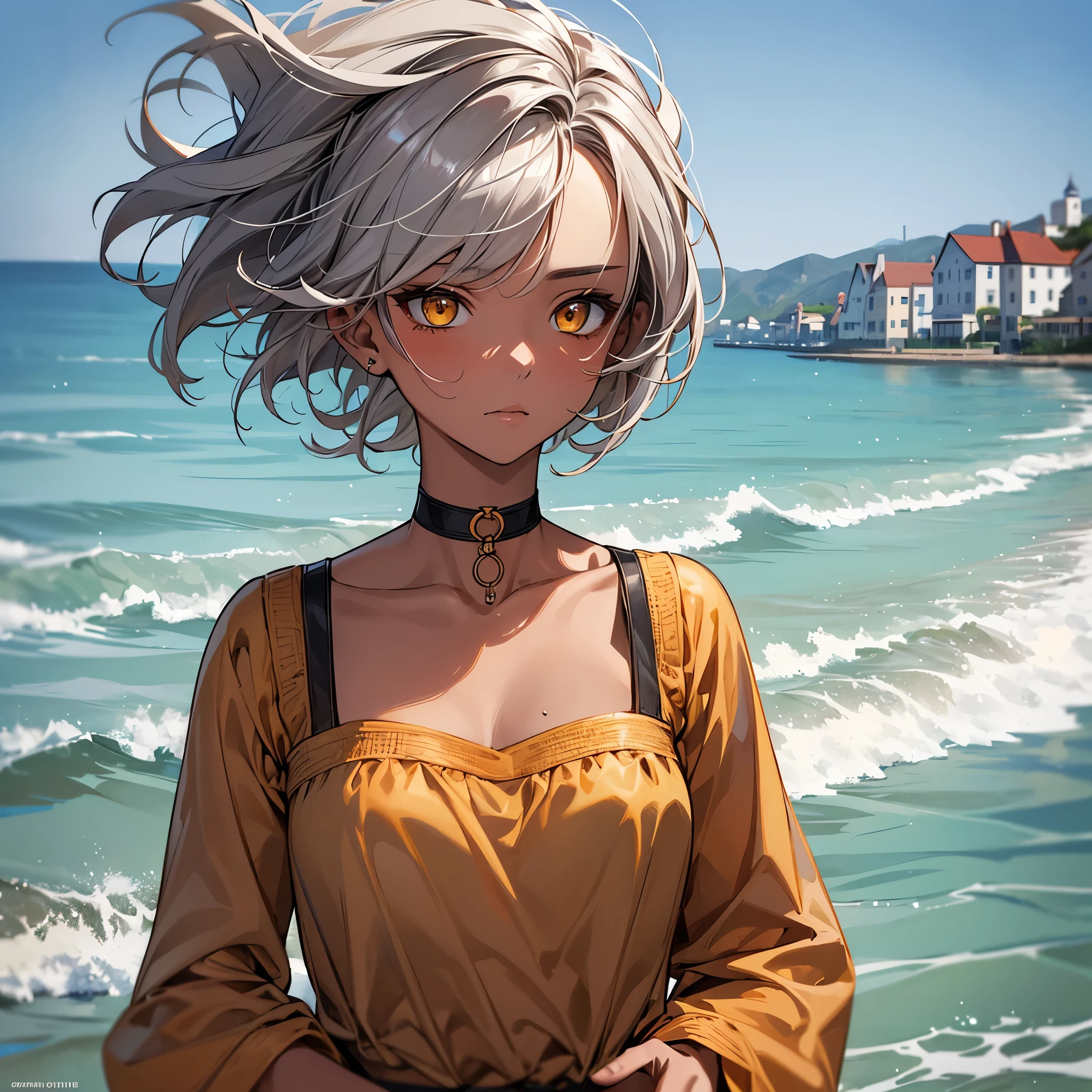 masterpiece, Highest quality, Perfect Face, Highest Resolution, Highest quality,Detailed depiction of the eyes, 8k, 1 girl, young, dark tan skin, slate gray hair, short hair, upturned eyes, Yellow Orange eyes, ribbon choker, Seaside house, relax and enjoy, Perfect Anatomy