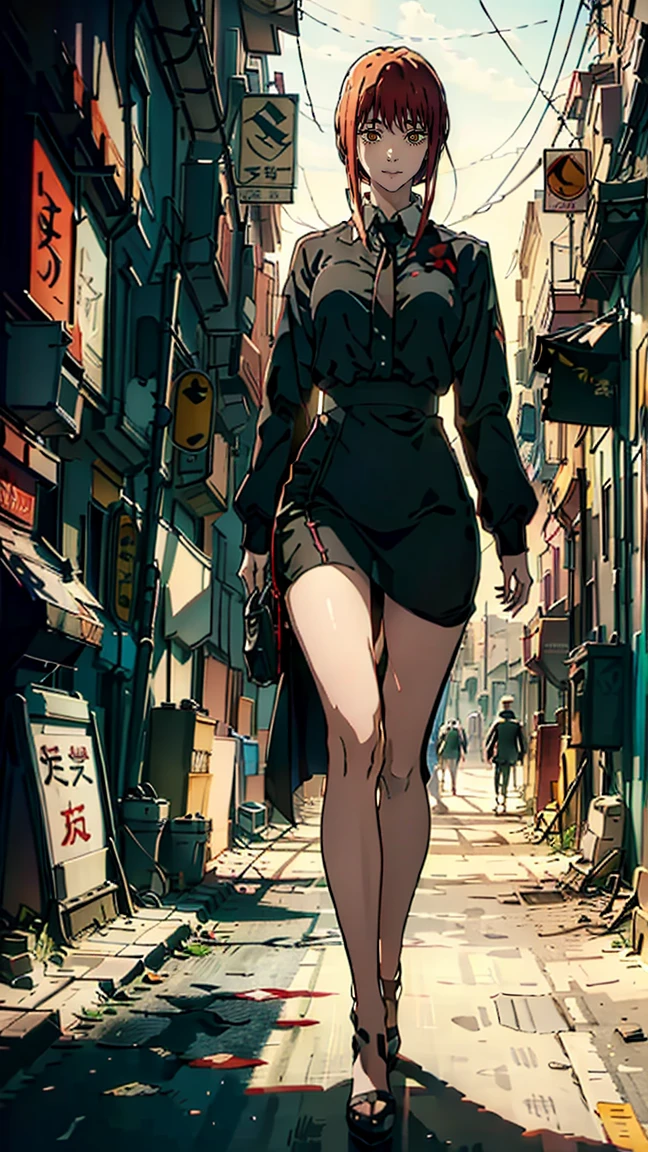 The character Makima from the anime series Chainsaw Man, fragile, full length (Full body 1.1.), dark background, darkness, Correct anatomy 1.1, holds his hands behind his back, correct hand anatomyVery sexy, erotica, very feminine, beautiful figure, legs, buttocks, beautiful body, red hair, orange eyes, Red circles for ren, summer dress, sexy pose, realistic, very detailed, beautiful body, detailed body, detailed hands, detailed, Vibrating, detailed Face, Makima character design. very detailed, detailed body, detailed hands, detailed Face, anime art, Hugh Details, Very downcast face, detailed eyes, Super thin illustration, best shadow, Fine detail, beautiful detailed glow, beautiful detailed, Extraordinarily beautiful, extremely detailed, inexpressive, epic composition, Anime style. anime art anime art, Anime style,