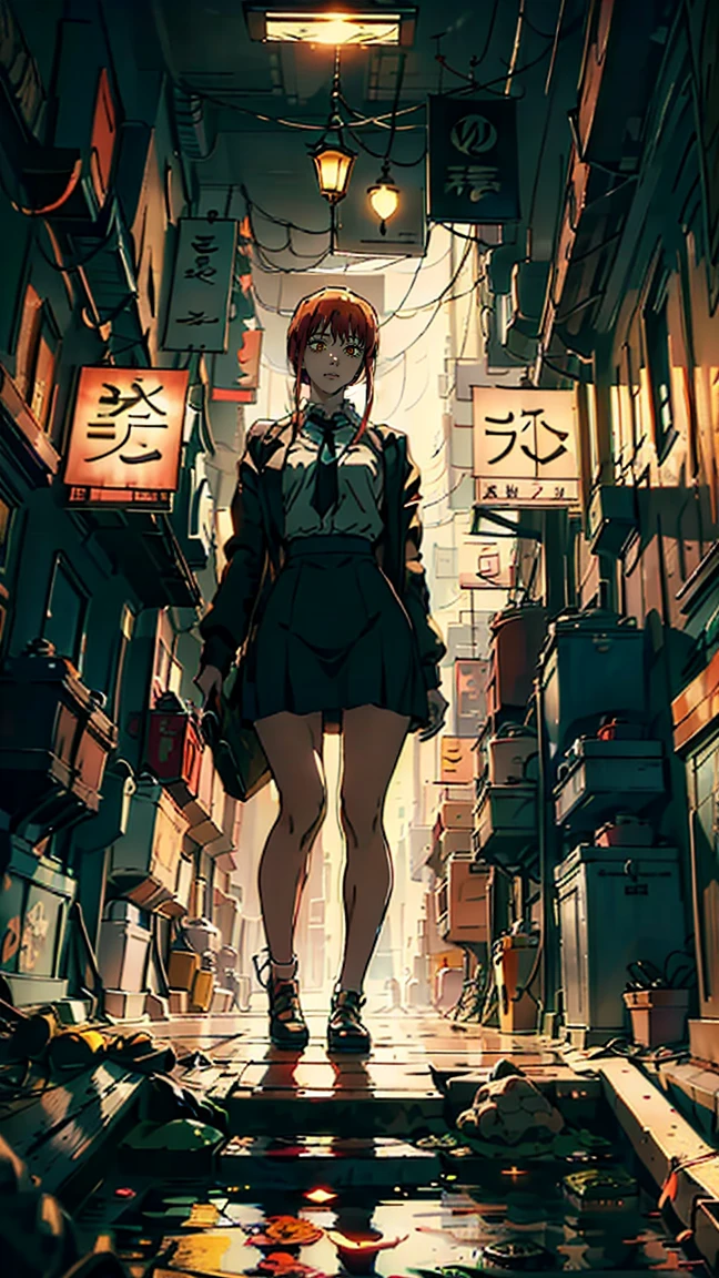 The character Makima from the anime series Chainsaw Man, fragile, full length (Full body 1.1.), dark background, darkness, Correct anatomy 1.1, holds his hands behind his back, correct hand anatomyVery sexy, erotica, very feminine, beautiful figure, legs, buttocks, beautiful body, red hair, orange eyes, Red circles for schoolchildren, summer dress, sexy pose, realistic, very detailed, beautiful body, detailed body, detailed hands, detailed, Vibrating, detailed Face, Makima character design. very detailed, detailed body, detailed hands, detailed Face, anime art, Hugh Details, Very downcast face, detailed eyes, Super thin illustration, best shadow, Fine detail, beautiful detailed glow, beautiful detailed, Extraordinarily beautiful, extremely detailed, inexpressive, epic composition, Anime style. anime art anime art, Anime style,