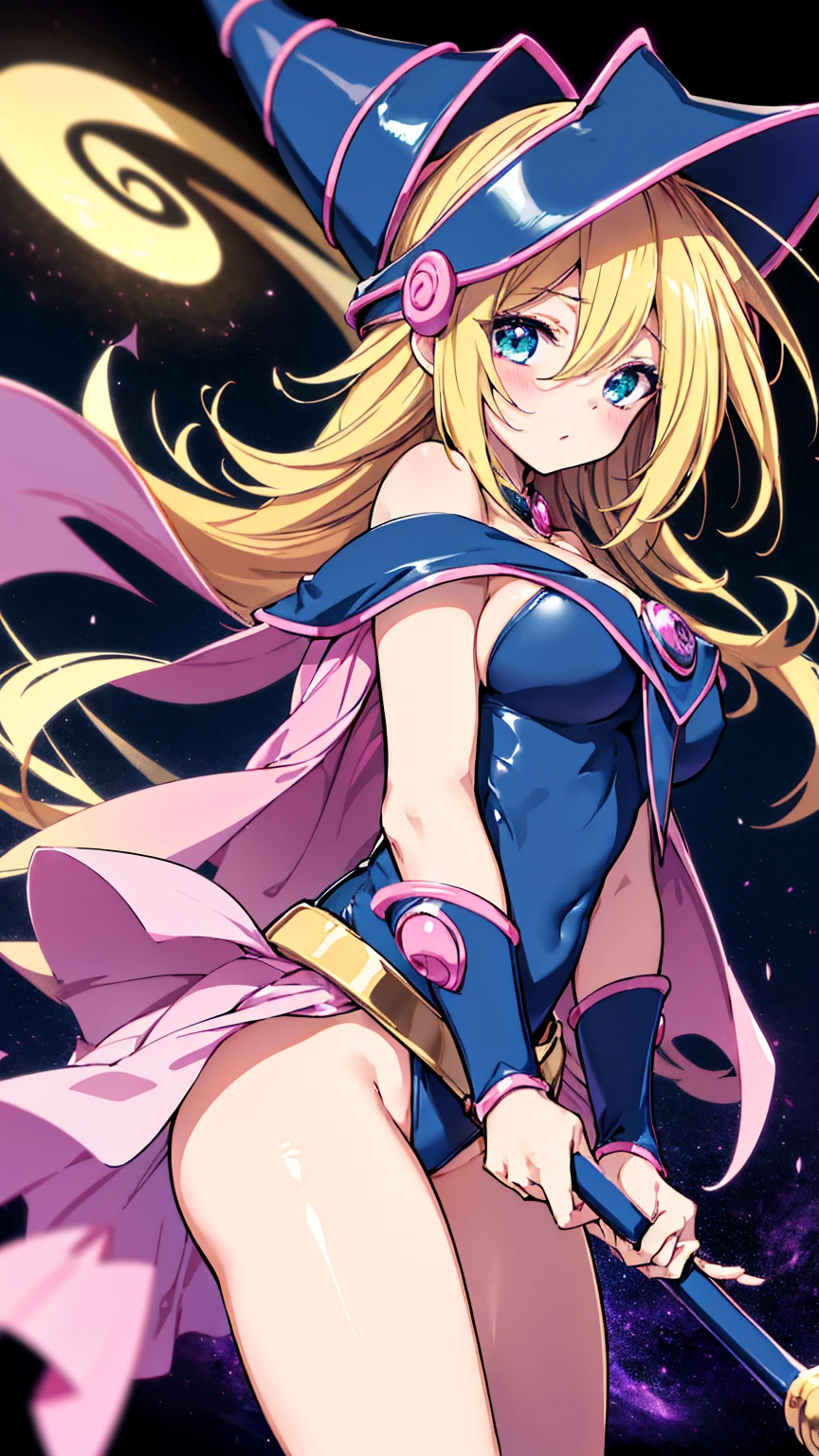 Black Magician Girl、Super Breasts、Thick thighs、Blonde、magic circle、8k, 4K, Highest quality, High resolution: 1.2),Wink、Exposing one breast、Cute anime face、Pink blush on cheeks、Noise Reduction、A tight leotard、Carrying a walking stick、Holding a cane、Rear View、I turn around