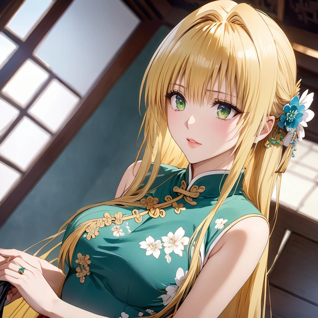 ((Highest quality)), ((masterpiece)), (detailed), (Perfect Face)、The woman is Tieryu Lunatique, a normal Chinese woman with green eyes, blonde medium-long hair, and an engagement ring.、The woman is dressed in typical Chinese clothing.