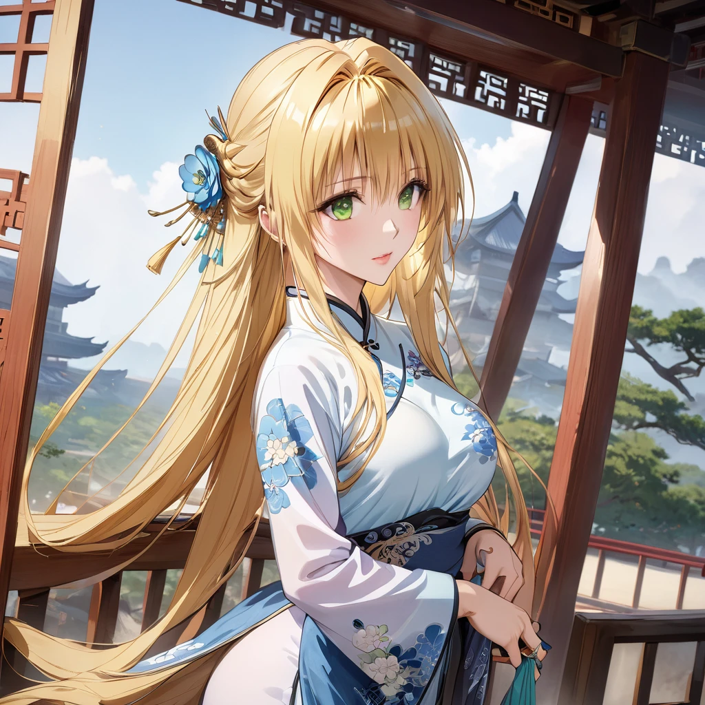 ((Highest quality)), ((masterpiece)), (detailed), （Perfect Face）、The woman is Tieryu Lunatique, a normal Chinese woman with green eyes, blonde medium-long hair, and an engagement ring.、The woman is dressed in typical Chinese clothing.