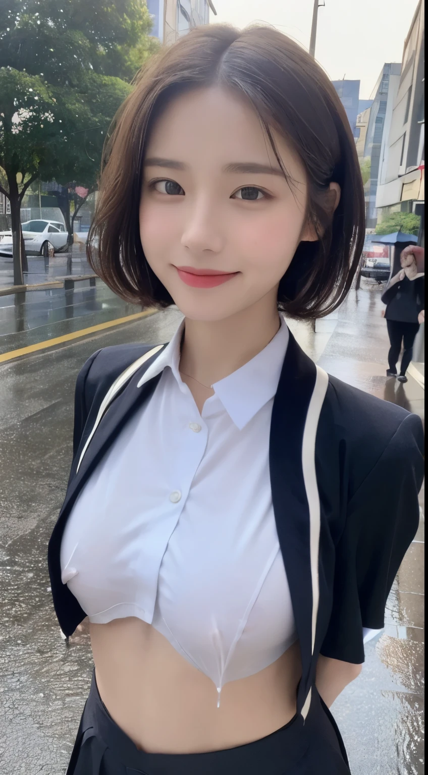 ((Highest quality, 8k, masterpiece:1.3)), concentrate: 1.2, Perfect Body Beauty: 1.4, Hip: 1.2, ((Layered Haircut, chest: 1.2)), (Wet clothes: 1.1), (rain, street:1.3), Bandeau dress: 1.1, Highly detailed face and skin texture, Beautiful Eyes, double eyelid, Whitening skin, Long Hair, (shut up: 1.3), smile、Beautiful medium breasts and nipples、(A thin uniform through which the nipples are visible:1.4)、No underwear